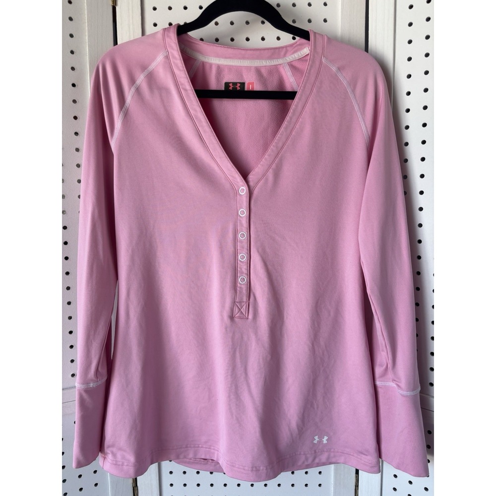 Under Armour Base Layer Long Sleeve Fitted Women's Large Pink V Neck Snaps